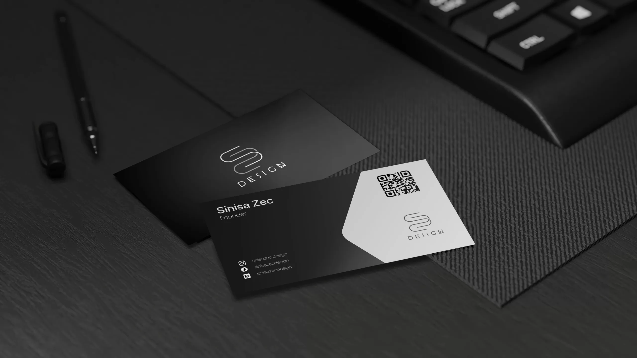 Dark business card front and back and dark table free photoshop mockup 8K resolution